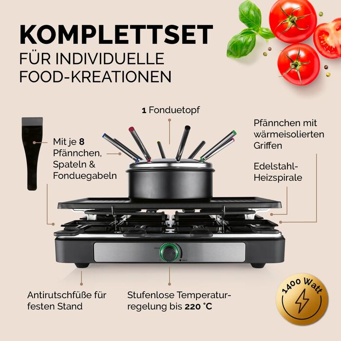 GOURMETmaxx Ракуле-Фондю 2-в-1 на 8 осіб | Ракуле-Фондю комбінація з 8 сковородами, лопатками та виделочками | Ідеально для вечірок | Ракуле та Фондю для 8 осіб
