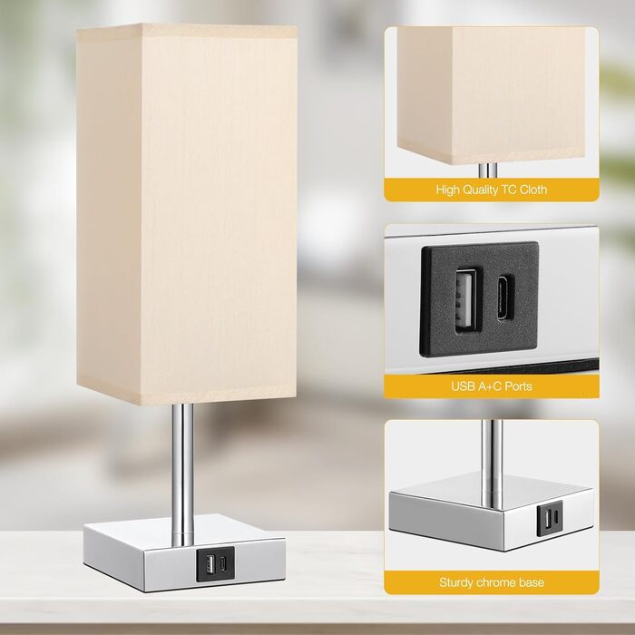 Настільна лампа Kakanuo з диммером, сенсорним керуванням, USB A та Type-C, LED-лампа, жовтий абажур, металевий корпус, сучасна лампа для спальні, вітальні, дитячої, готелю, офісу