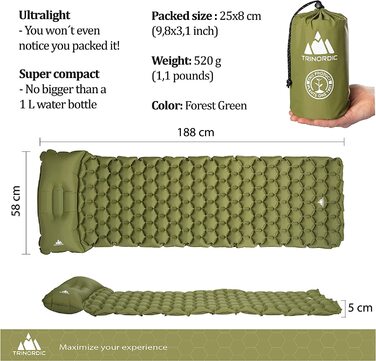 Ультралегка надувна ізомат із подушкою Trinordic 550 г, компактна туристична матрацик для кемпінгу, походів, велоподорожей, лісова зелена