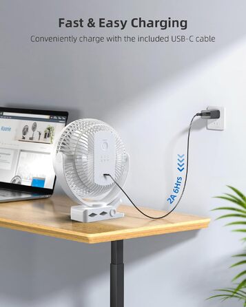 Вентилятор кліпса Koonie 10000 mAh USB, 20 см: портативний, з акумулятором, 4 швидкості, 360° поворот, тихий для дому, офісу, дитячого візочка, кемпінгу, гроубоксу (білий)