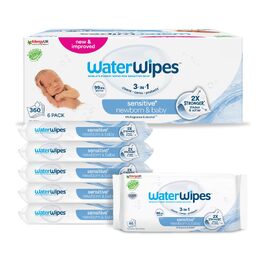 Дитячі вологі серветки WaterWipes Sensitive+ для новонароджених та чутливої шкіри, 99,9% води, 6 паків по 60 шт (загалом 360 шт)