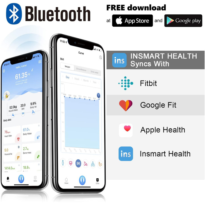 Розумні ваги INSMART для аналізу складу тіла, Bluetooth, додаток, вимірювання жиру, ІМТ, пульсу, м'язової маси, води, білка, кісткової маси, BMR, білі