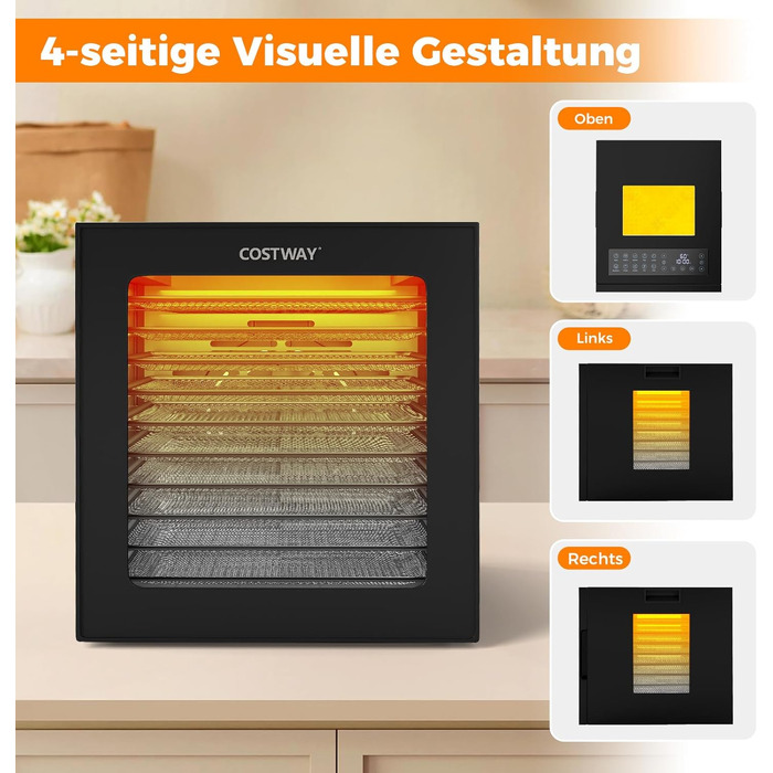 Сушарка для овочів, фруктів та м'яса COSTWAY 850W з 10 лотками з нержавіючої сталі, 10 програмами та таймером 48 год.