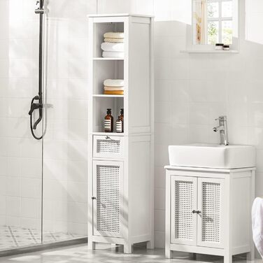 SoBuy BZR36-W Високий шафа для ванної з ґратчастим фасадом, білий, з 3 відкритими полицями, 1 шухлядою та 1 дверцятами, 35x161x32 см