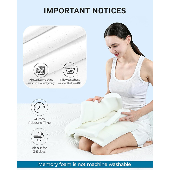 Подушка ортопедична з піни Memory Foam Elviros, регульована, для сну на боку та спині, знімний дихаючий чохол (біла)