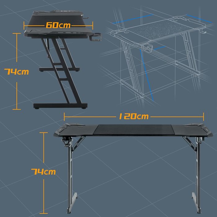 Ігровий стіл NAIZY 120x60 см, чорний, карбонове покриття, ергономічний комп'ютерний стіл для геймерів з отвором для кабелів