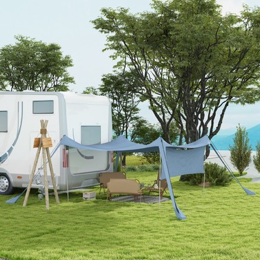 Водонепроникне сонцезахисне вітрило з навісом Outsunny Sunshade зі сталевими прутами, лопатою та сумкою для перенесення, для кемпінгу, подорожей, пікніків, синій