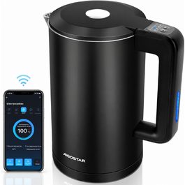 Розумний електрочайник Aigostar з Wi-Fi, регулювання температури 40-100°C, 1,7 л, подвійна стінка, нержавіюча сталь, сумісний з Alexa, функція підтримки тепла, чорний, безшумний, бездротовий