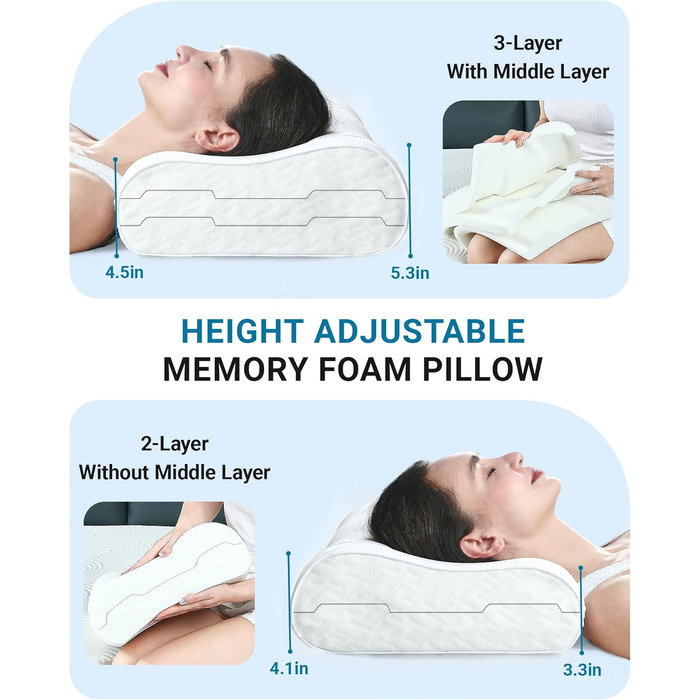 Подушка ортопедична з піни Memory Foam Elviros, регульована, для сну на боку та спині, знімний дихаючий чохол (біла)