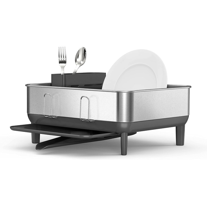 Підставка для сушіння посуду simplehuman KT1181 зі сталевим каркасом, піддоном та тримачем для столових приборів, велика, матовий нержавіючій сталь, сіра