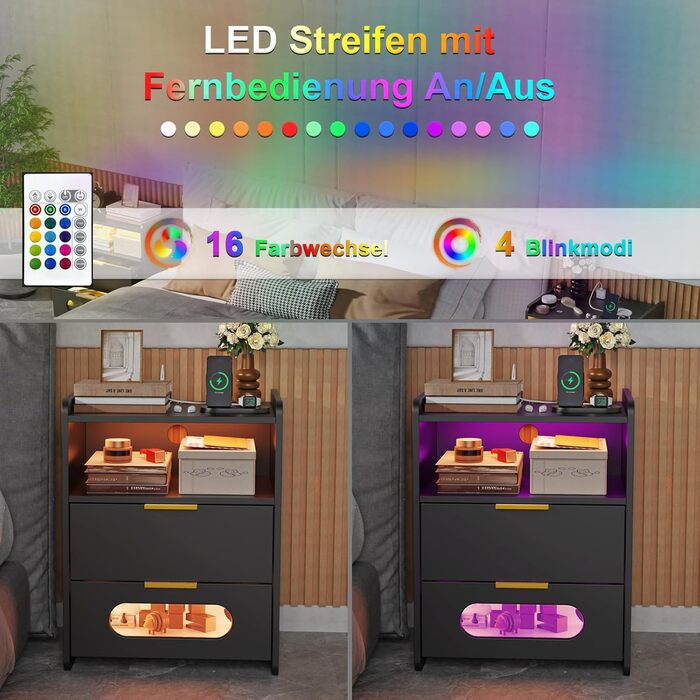 Комплект з 2 чорних приліжкових тумб Lvhecforhm з розеткою, LED підсвіткою, USB, 2 відкритими полицями і 2 шухлядами 50x40x64 см