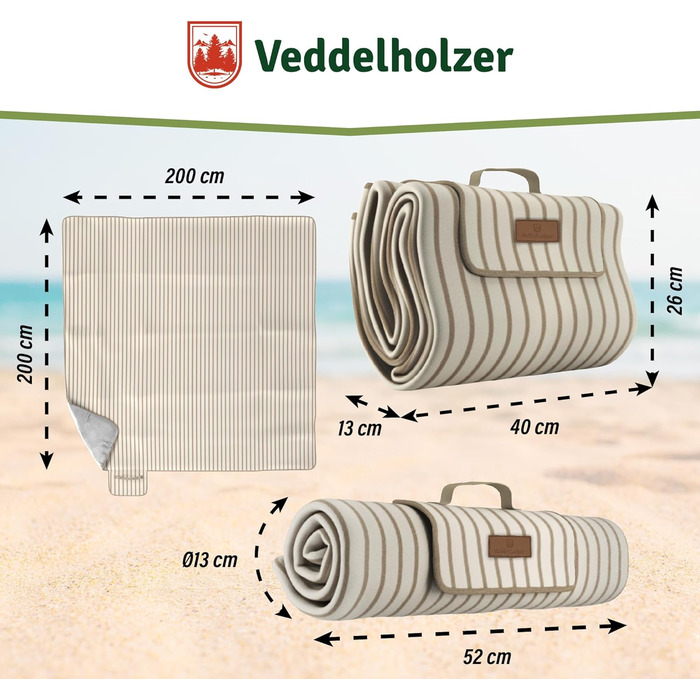 Водонепроникний плед для пікніка та пляжу Veddelholzer XXL (200x200 см), ізольована підстилка від піску для кемпінгу, парку та фестивалів, легка в догляді (Beach)