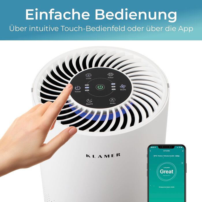 Повітряочисник KLAMER 300i з HEPA-фільтром: для кімнат до 50 м², видаляє 99,9% пилу, алергенів та вірусів