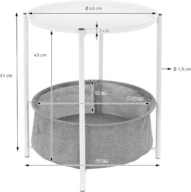 Круглий металевий столик ML-Design Ø46x51 см, білий, з текстильним кошиком та знімною стільницею, сучасний журнальний стіл для вітальні або спальні