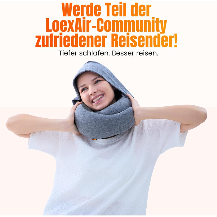 Подорожня подушка для шиї з капюшоном з ефектом пам'яті (Memory Foam) для літака, авто та поїздок, 100% бавовна, світло-сіра (Hooded Pro)