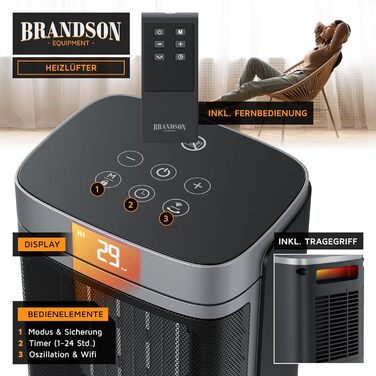 Керамічний обігрівач Brandson з Wi-Fi, тихий, енергозберігаючий, з пультом керування, функцією осциляції, ECO-режимом, дитячим замком та таймером – для ванної, вітальні, офісу, дитячої кімнати