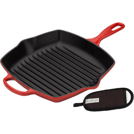 Le Creuset чавунна квадратна гриль-сковорода Signature 26 см, червона + класичний силіконовий чохол на ручку, чорний/червоний