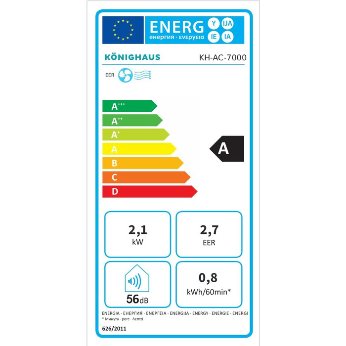 Мобільний кондиціонер Könighaus 7000 BTU для кімнат до 20 м²: 4-в-1 (охолодження, осушення, вентилятор, очищення повітря) з пультом та керуванням через додаток, енергоефективний (A)