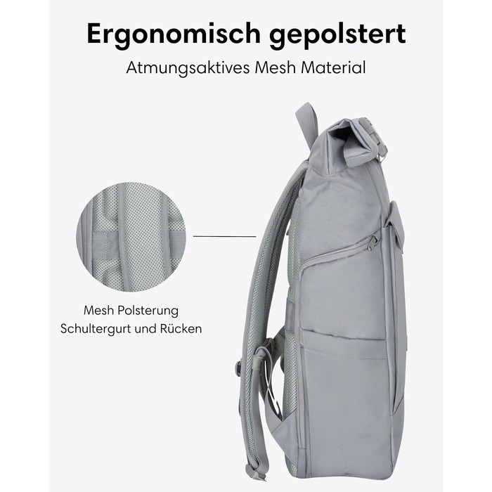 LARKSON рюкзак для жінок і чоловіків No 4 Large, ролтоп 21 л, відділення для 16'' ноутбука, універсальний для навчання, роботи, велосипеда, великий туристичний рюкзак з кріпленням на валізу, чорний-сірий
