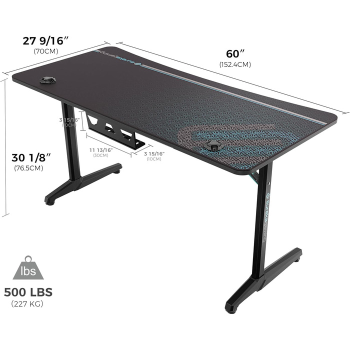 Ігровий стіл EUREKA ERGONOMIC 152x70 см - великий комп'ютерний стіл для геймерів з підставкою для навушників та тримачем для напоїв, чорний