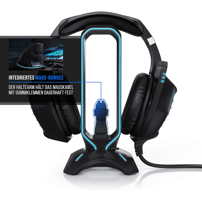 Підставка для ігрових навушників Titanwolf з LED підсвіткою, USB-хабом 2x USB 3.2 Gen1, мишебанджі, 6 RGB кольорів, зміна підсвітки