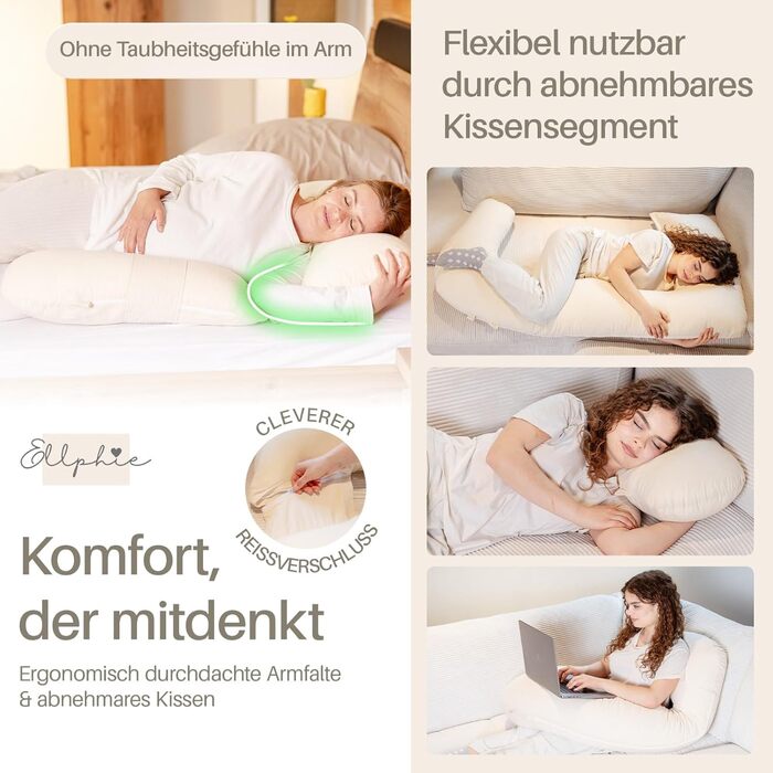 Подушка для вагітних та годування XL для сну на боці, з наповнювачем Memory Foam та чохлом з 100% бавовни, бежева