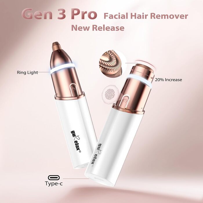 Електричний тример для обличчя для жінок guRelax Face Gen 3 Pro 2024, з підсвічуванням, для видалення волосся, брів, пушку, 2 змінні насадки, білий