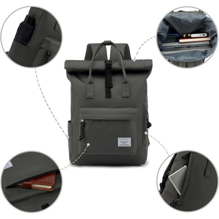 Водонепроникний рюкзак TAN.TOMI для ноутбука 15,6'' Rolltop, темно-сірий, для школи, подорожей, велосипеду, для чоловіків і жінок
