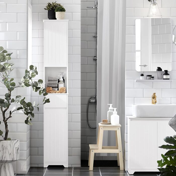 SoBuy BZR110-W шафа для білизни з висувним кошиком і шухлядою, білий, 40x86x39 см, меблі для ванної кімнати