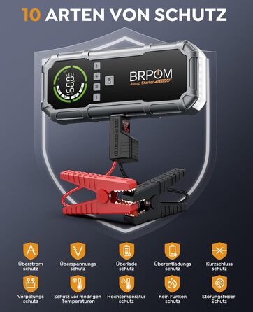 Powerbank Starthilfe BRPOM для автомобіля з компресором 160PSI, 8000A, 26800mAh, для бензинових та дизельних двигунів (12.0L), стартер, LED-ліхтар 600LUM, сріблясто-сірий