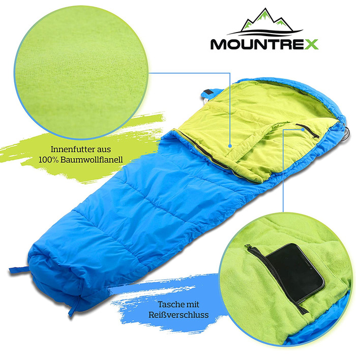 Дитячий спальник MOUNTREX мумія, легкий, компактний, для кемпінгу та подорожей, 100% бавовна, розмір 175x70x45 см, синьо-зелений