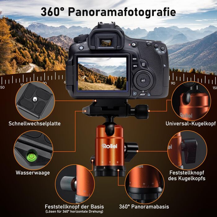 Легкий карбоновий штатив для подорожей Rollei Compact Traveler No. 1, 33 см, Arca Swiss, помаранчевий