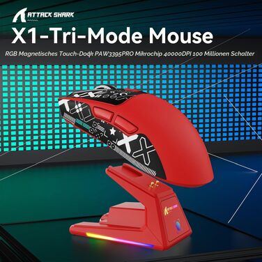 Ігрова миша Attack Shark X1 White/B-Red: сенсор PixArt PAW3395PRO, 40000 DPI, вага 53г, RGB док-станція з тачпадом, бездротова (BT/2.4G) та дротова, для Win11/Xbox/PS/Mac