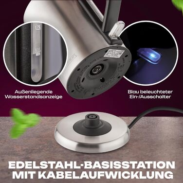 Електрочайник ProfiCook 1 л, нержавійка, 2200 Вт, компактний, BPA-free, одноручне керування, індикатор рівня води, модель PC-WKS 1106