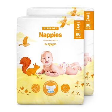 Підгузки By Amazon Ultra Dry, розмір 3 (4-9 кг), білі, 172 шт (набір 2х86 шт), місячний запас