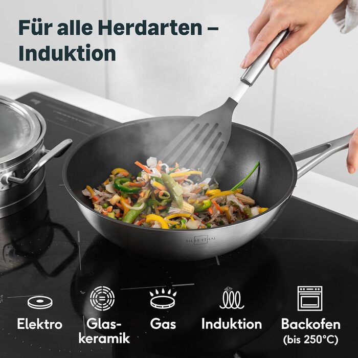 Wok Silberthal з нержавіючої сталі з індукційним дном (28 см) - для смаження та смаження у фритюрі, сумісний з усіма плитами, до 400°C, з кришкою