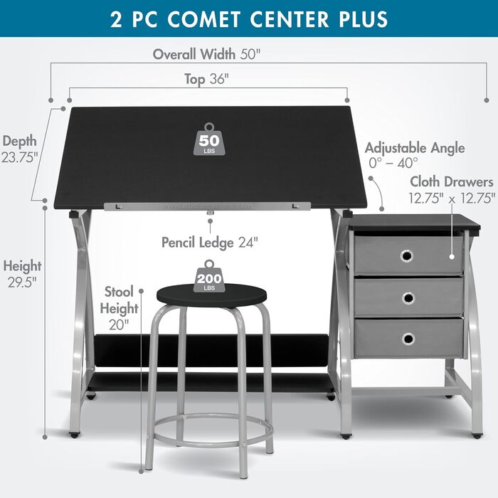Набір стіл для малювання та стілець SD Studio Designs Comet Center Plus з регульованою стільницею та місцем для зберігання, сталь, сріблястий/чорний, 50x60x75 см