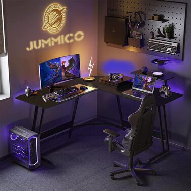 Кутовий комп'ютерний стіл JUMMICO L-формат 130x130x75 см, ігровий стіл зі стійкою для монітора, чорний, міцна сталева рама