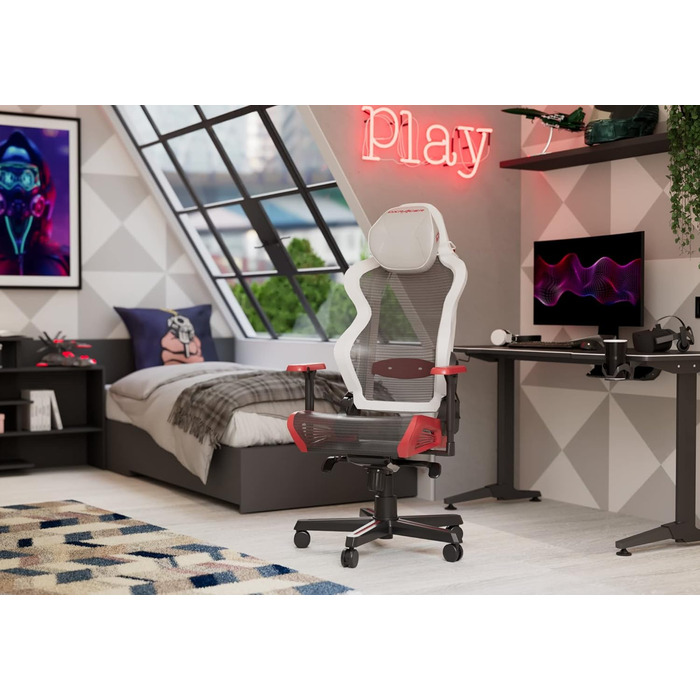 Ігрове крісло DXRacer Air R1S, сітка, біло-чорно-червоне, до 200 см
