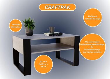 Стіл для вітальні CraftPAK з ДСП, сучасний журнальний столик з додатковою полицею, чорний бетон
