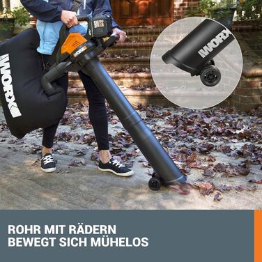 WORX WG505E Trivac: електроприлад 3-в-1 - повітродувка, пилосос та мульчер. Потужність 3000 Вт, швидкість повітря 335 км/год, об'єм всмоктування 600 м³/год, з мішком для збору листя 45 л.