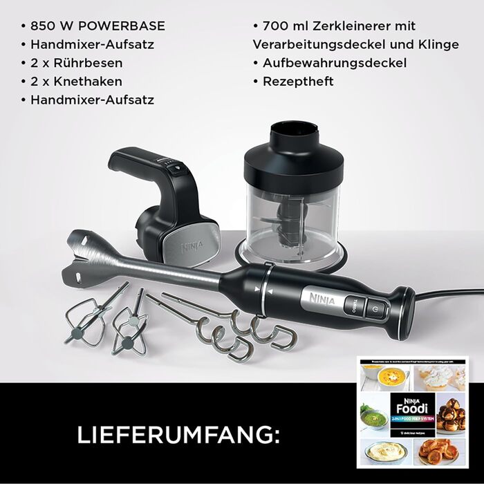 Блендер-подрібнювач Ninja Foodi CI100EU 3-в-1: ручний, занурювальний, з насадками, 850 Вт, чорний