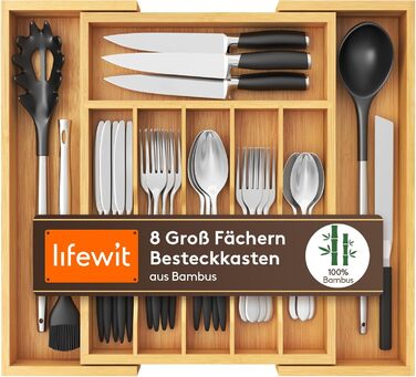 Розширюваний органайзер для столових приборів Lifewit з бамбука, натуральний, для ложок, виделок, ножів, великий, для шухляди