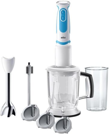 Блендер Braun MultiQuick 5 Vario MQ 5260WHBL, 1000 Вт, з нержавіючою насадкою та спіральною теркою, біло-синій, набір насадок