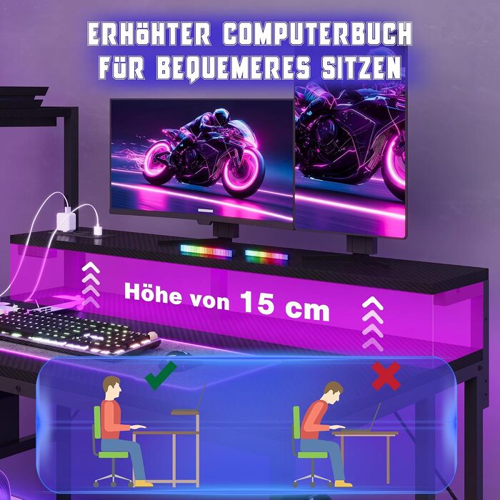 Ігровий стіл JUMMICO 140x60 см з розеткою, LED-підсвіткою та вуглецевим покриттям, обертовий комп'ютерний стіл з підставкою під монітор, шухлядами та підставкою для навушників, чорний