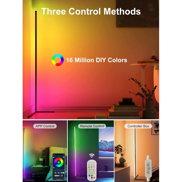 LED торшер DeeprBling для вітальні 165 см, кутова RGB лампа з димуванням, пультом і додатком, 16 млн кольорів, музичний та DIY-режими, таймер, для спальні, ігрової кімнати, офісу, читального залу, трикутна база