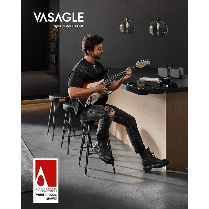 Барні стільці VASAGLE EKHO, 4 шт, екошкіра, чорні, 63 см, для кухні та їдальні, стиль Мід-Сенчурі, просте складання