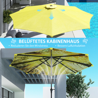Outsunny Parasol Ø300 см, Парасолька з ручною рукояткою, візерунок, восьмикутний балкон Парасолька Пляжна парасолька Вітрозахисна стайня Ринкова парасолька Парасолька Сонцезахисний козирок для пляжу Балкон Патіо Сад, жовтий