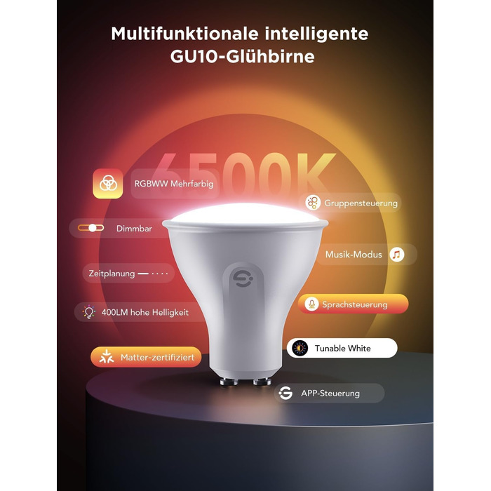 Розумна LED лампа Govee GU10 RGBWW, Matter, Alexa, Google Home, 400Лм, WLAN, регулювання яскравості, зміна кольорів, синхронізація з музикою, 4 шт