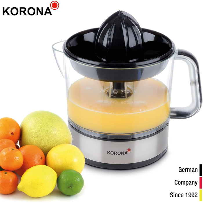 Цитрусовижималка електрична Korona 27020, 0.7 л, 40 Вт, нержавіюча сталь/чорна, 2 конуси, захисний ковпак, двосторонній оберт
